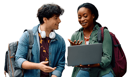 Two college students collaborating on a laptop