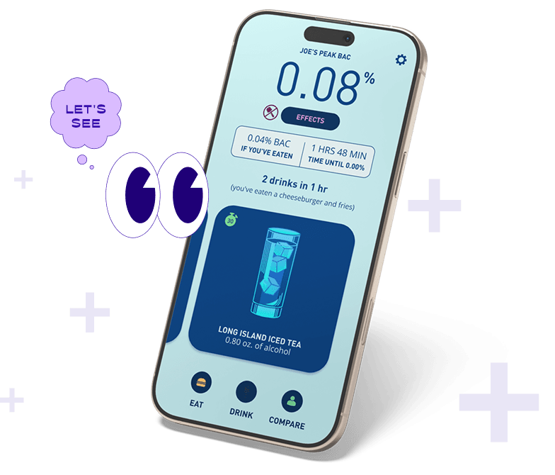 A phone running the Alcohol101+ course showing a peak BAC of 0.08% next to a pair of cartoon eyes and a thought bubble that reads “Let's see.”